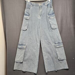 Madden NYC Jeans Women M Blue Wide Leg Cargo Raw Hem Utility Rhinestones Skater